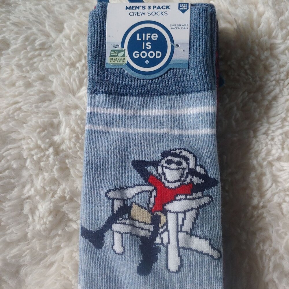 Life Is Good Beach Chair Three Pack Cushion Crew Socks Size 6 - 12.5 Mens